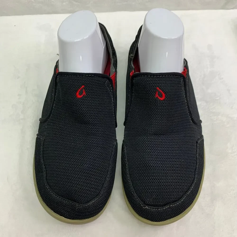 OluKai Mens 8.5 Nohea Mesh Sneakers Lace Up Slip On Comfort Shoes Black Red